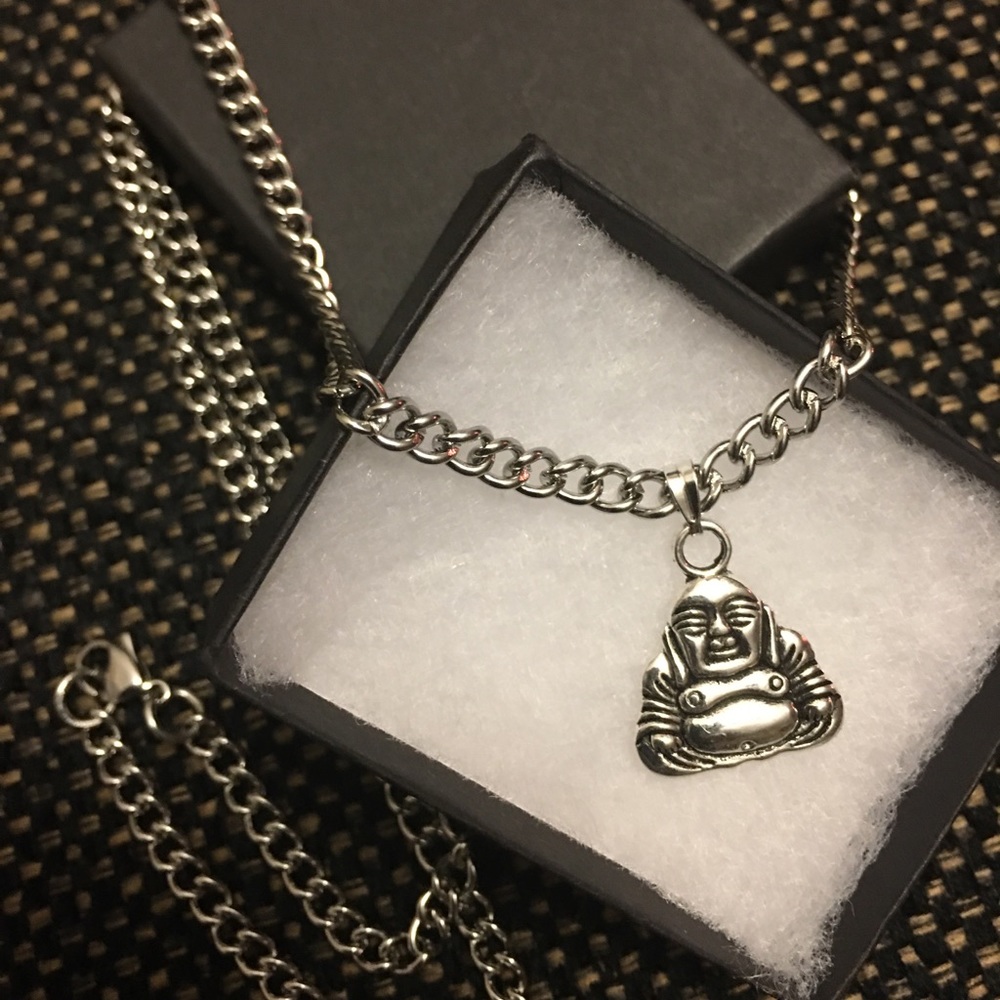 Silver Tone Buddha Charm Pendant Curb Link Chain